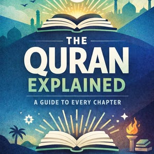 Puede incluir: Portada de libro con un fondo degradado azul y turquesa. El título "THE QURAN EXPLAINED" está en letras blancas grandes. La imagen incluye ilustraciones de una luna creciente y una estrella, libros abiertos y una silueta de mezquita.