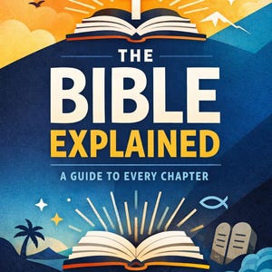 Könnte beinhalten: Buchcover mit dem Titel "THE BIBLE EXPLAINED" und dem Untertitel "A GUIDE TO EVERY CHAPTER". Das Design zeigt ein offenes Buch, ein Kreuz und stilisierte Illustrationen einer Palme, Sterne und eines Fisches.