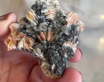 Mixed mineral specimen, orange barite flowers, Cerrussite, and galena l raw specimen, rare minerals, sparkly crystals, gemmy crystals