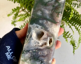 Large druzy Moss Agate Tower | Natural moss agate point carving - shaped obelisk - polished stone large green moss agate