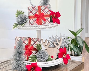 Christmas Tiered Tray Decor Bundle, Plaid Gifts, Wooden Reindeer