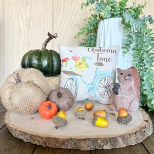 May include: A collection of fall-themed decorations on a wooden slice. Includes a green pumpkin, burlap pumpkins, a pillow with a bicycle design, a squirrel figurine, orange acorns, and a small orange pumpkin.