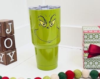 Grinch Christmas Tumbler, Stainless Steel Holiday Travel Cup with Straw