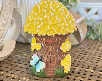 Miniature Mushroom Fairy House, Floral Pixie Garden Decor