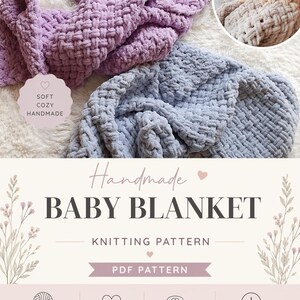 May include: Handmade baby blanket knitting pattern. The image shows a soft, cozy, handmade baby blanket in shades of purple and blue. The text on the image says "Handmade Baby Blanket Knitting Pattern" and "PDF Pattern". The blanket is made with Alize Puffy yarn.