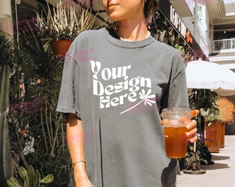 Comfort Colors 1717 Pepper Mockup | Oversized Mockup | Trendy Mockup | Aesthetic Mockup | Plant Mom Mockup | Print On Demand Mockup