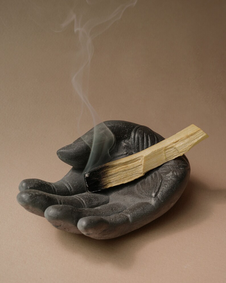 Incense holder Bali hand black, white, grey, beige, holder for palo santo, home decor and yoga and meditation practices, Budda Hand image 2