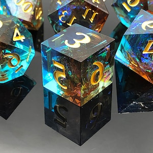 Green and brown nature resin dice set for D&D, handmade sharp edge dnd dice, dungeons and dragons, role playing games dice
