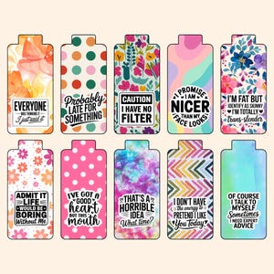 May include: A set of ten decorative phone grip accessories with diverse designs and text. The designs include floral patterns, polka dots, tie-dye, and abstract shapes. Each grip features a different humorous quote.