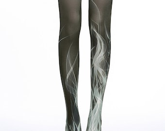 Gradient Curve Striped Mist Pattern Printed Tattoo Socks, Black Base Closed Toe Tattoo Tights, One Size Full Length Pantyhose