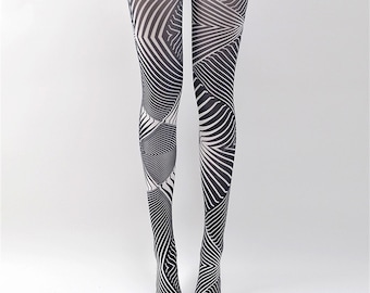 Black White Curve Pattern Printed Tights, White Base Closed Toe Tattoo Tights, One Size Full Length Pantyhose, Tattoo Socks