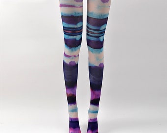 Abstract Purple Horizontal Stripes Pattern Tattoo Socks, Closed Toe Tattoo Tights, Pantyhose, One Size Full Length Printed Tights