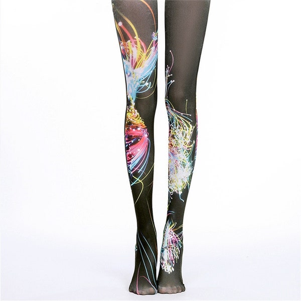 Brilliant Fireworks Pattern Printed Closed Toe Tattoo Tights, Gradient Neon, One Size Full Length Printed Tights, Pantyhose, Tattoo Socks