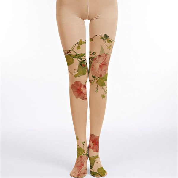 Flower Pattern Printed Closed Toe Tattoo Tights, One Size Full Length Printed Tights, Pantyhose, Tattoo Socks