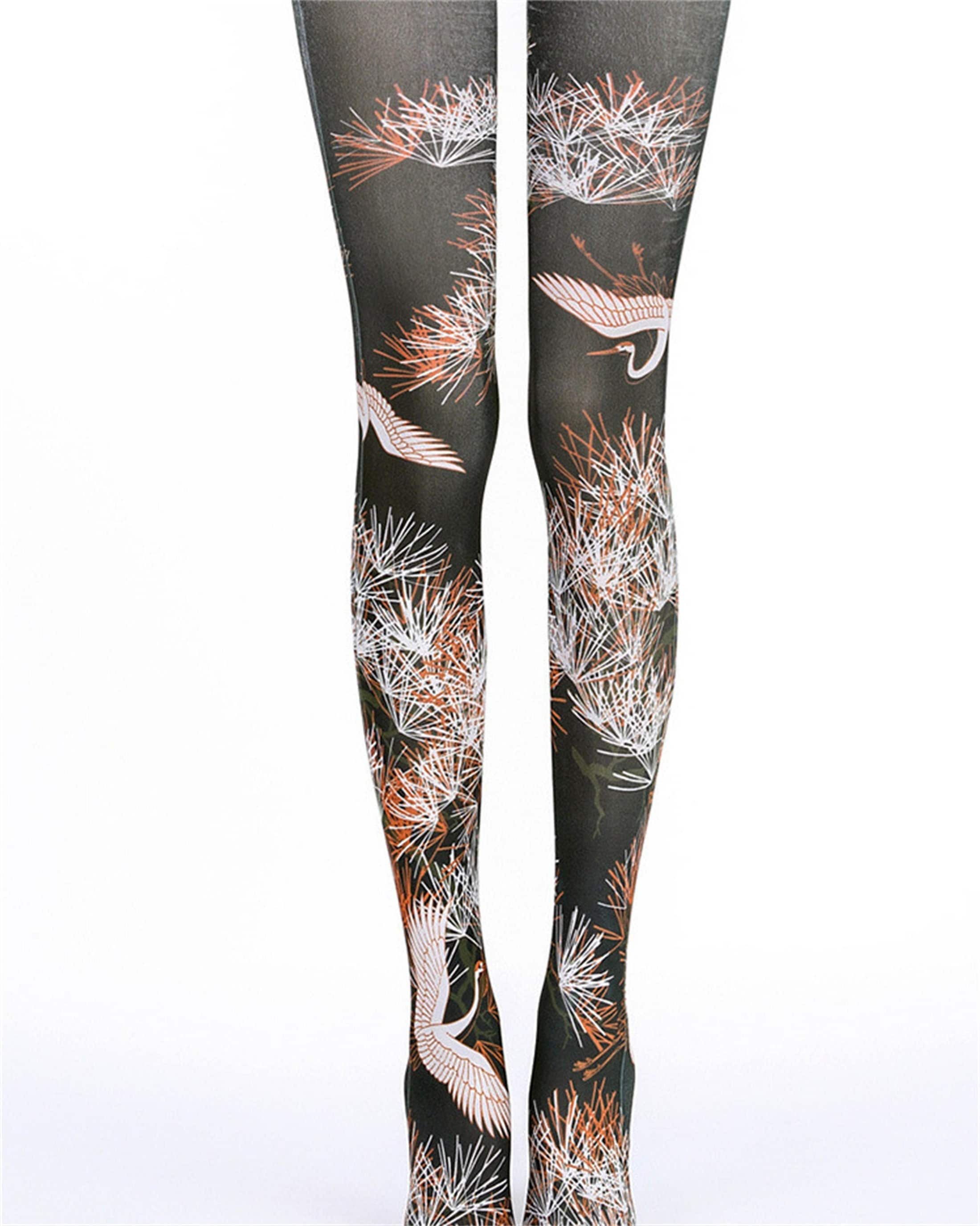 Pine Crane Pattern Printed Toe Tattoo Tights Black - Etsy