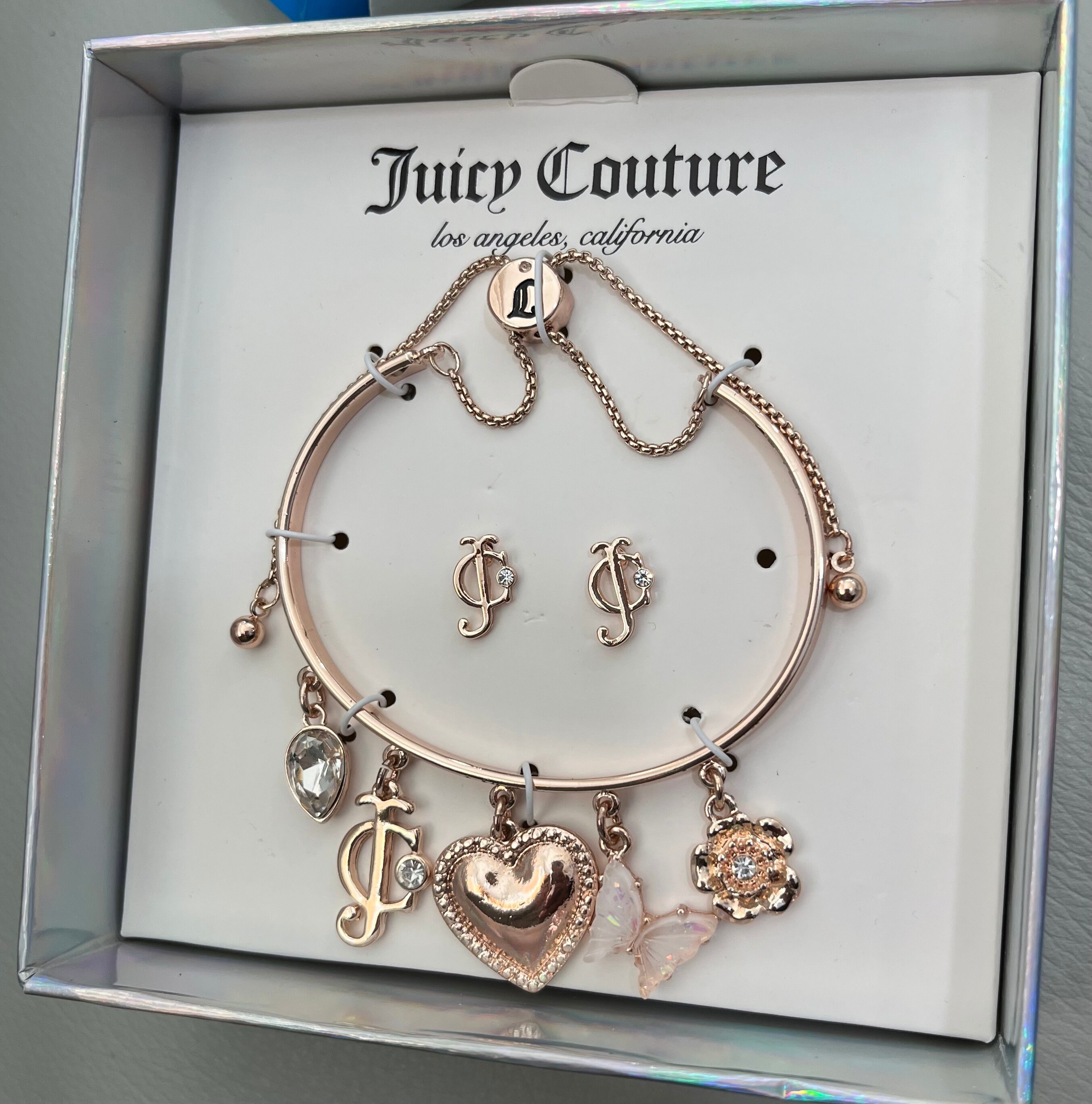 Juicy Couture Jewelry Silver Charm Bracelet Crystal Pave Bling Heart 7.5  Toggle