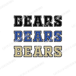 May include: Three variations of the word "BEARS" in black, blue, and gold lettering with a white background.