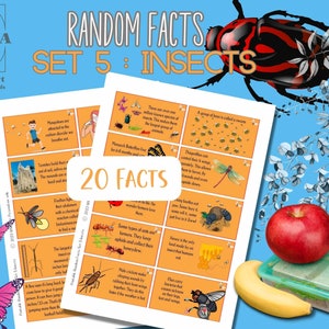 Carte de faits aléatoires imprimable, téléchargement immédiat, notes de boîte à lunch, ensemble de 5 faits sur les insectes
