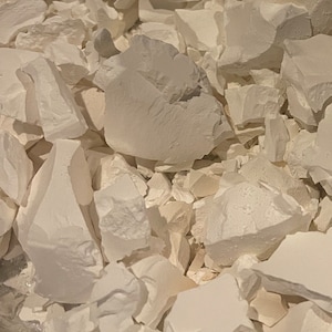 May include: Close-up of a collection of irregularly shaped, off-white pieces. The pieces are clustered together, with varying sizes and textures. The background is a reflective, metallic surface.