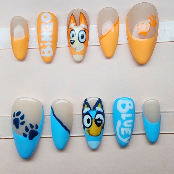 Press on nails Bluey and Bingo Hand Painted