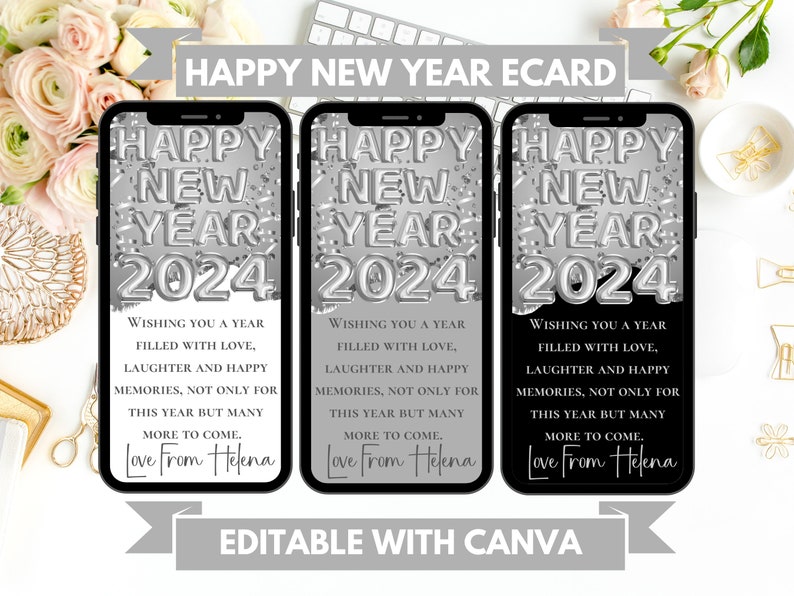 Happy New Year 2024 Digital Ecard Editable Canva Template Silver Etsy