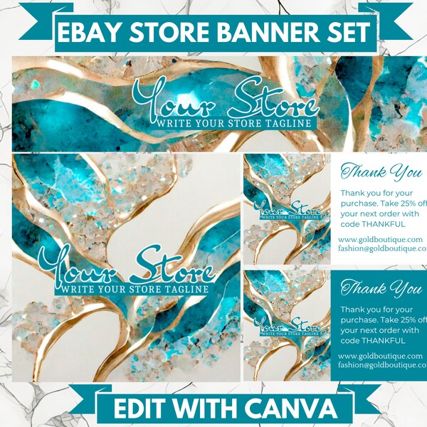 eBay Store Billboard, Logo and Thank You Set, eBay Store Banner Logo Thank You Set Turquoise Teal Gold