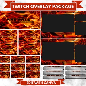 Twitch Overlay Package Neon Fire Orange Gamers, Twitch Banner Overlay Scenes Panels & Labels Just Chatting Starting, BRB, Ending, Offline