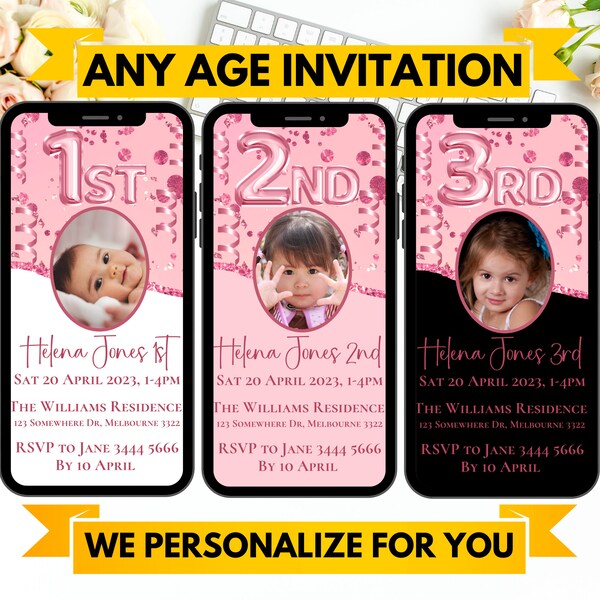 Personalized Digital Birthday Invite Any Age with Photo eVite Baby Pink Invitation