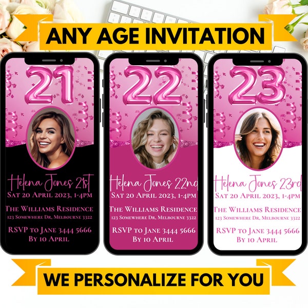 Personalized Digital Birthday Invite Any Age with Photo eVite Pink Invitation
