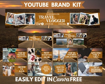 Youtube Brand Kit Travel Canva Template Channel Banner DIY Including 8 Thumbnails Animated Intro and Outro
