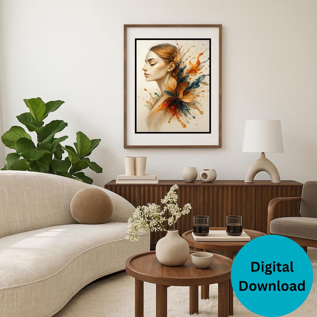 Abstract Woman Portrait Wall Art | Floral Splash Digital Print | Modern ...