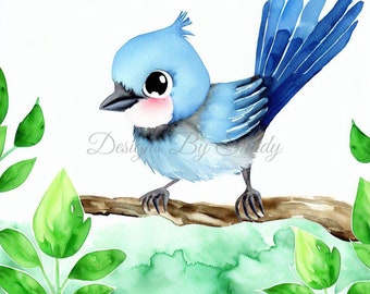 14 Baby bluejay Clipart PNGs, Commercial use Digital Download, Mixed Media Card Making, Digital Paper Craft, Watercolor clipart bird