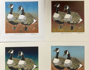 Original art | Canada geese | Hand crafted | Reduction linocut print of 2 waddling geese | Nature art | Three colour options | Gift idea