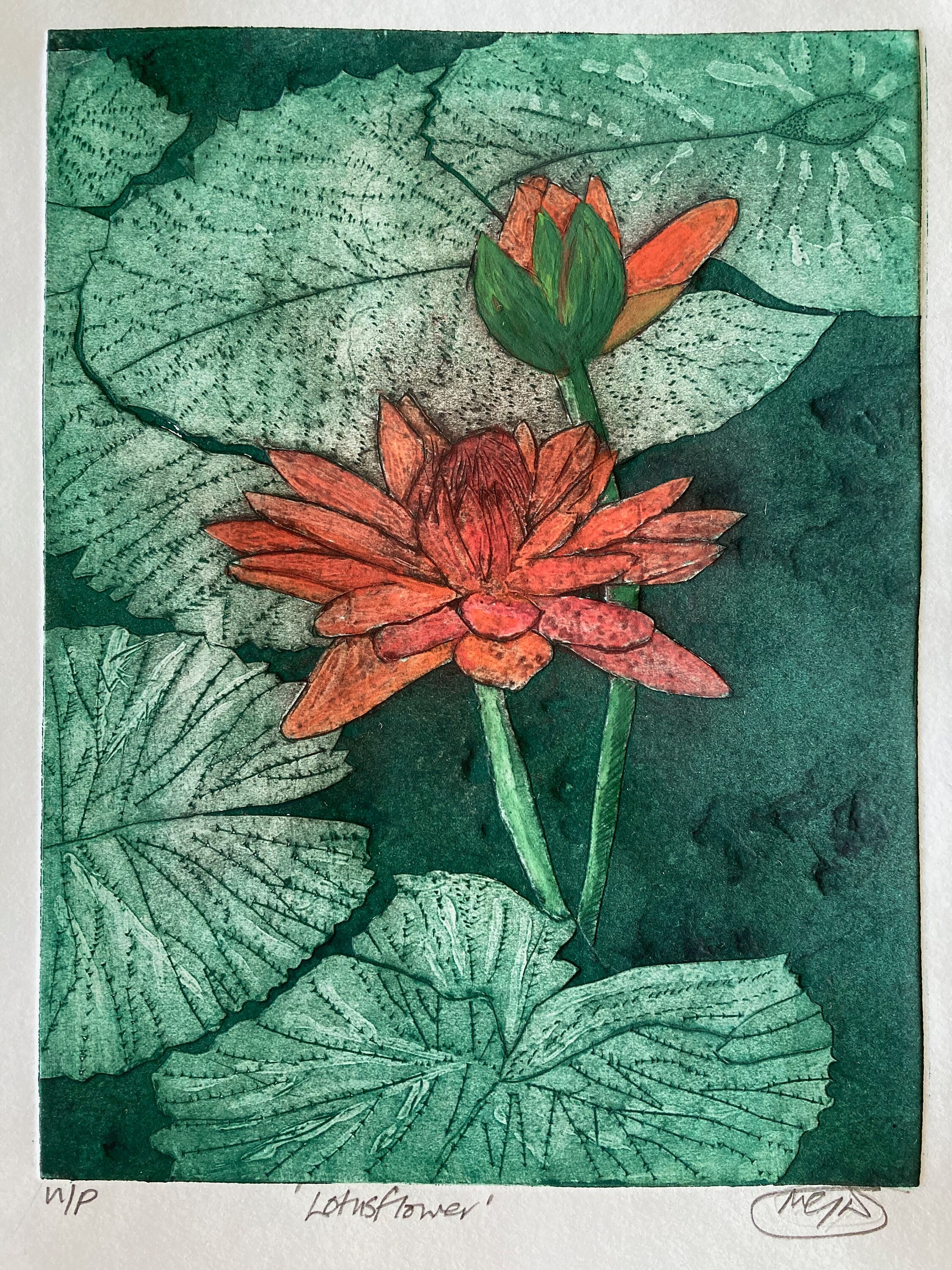 Lotus Flower Collagraph Print | Handcrafted Botanical Art - Etsy