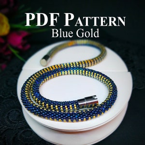 Beading Patterns Necklace - Bead Crochet Pattern - Beaded Necklace &quot;Blue Gold&quot; - Handmade Necklace Pattern - Beads Crochet Pattern