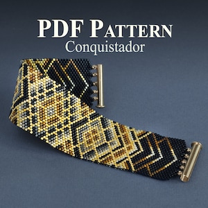 May include: A black, gold, and silver beaded bracelet with a geometric pattern. The bracelet has gold metal clasps. The text "PDF PATTERN Conquistador" is displayed above the bracelet.