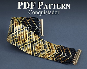 Peyoted Beaded Bracelets Pattern, Miyuki Delica Beads, Peyote Stitch Pattern, Wide Bracelet "Conquistador"