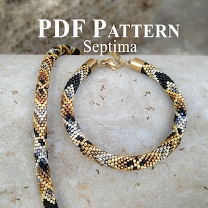 May include: A beaded necklace and bracelet set in a geometric pattern with black, gold, and silver beads. The set is on a textured surface. The text "PDF PATTERN Septima" is visible in the image.