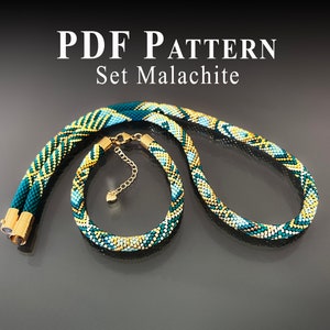 Bead Crochet Pattern Necklace + Bead Bracelet Pattern Crochet  - PDF Pattern Bead Crochet  Bracelet  and Necklace - Jewelry Set "Malachite"
