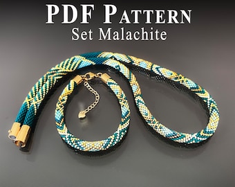 Bead Crochet Pattern Necklace + Bead Bracelet Pattern Crochet  - PDF Pattern Bead Crochet  Bracelet  and Necklace - Jewelry Set "Malachite"