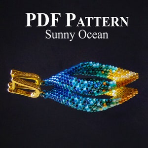 May include: PDF pattern for beaded earrings called "Sunny Ocean". The earrings are made with blue, green, and gold beads and have a gold hook.