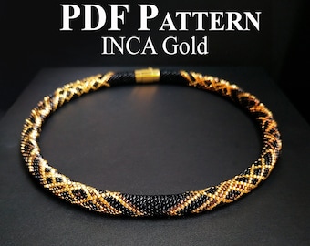 PDF pattern bead crochet necklace - Beaded necklace "INCA Gold" - Seed beads Jewelry - Bead Crochet Pattern - Bead Crochet Necklace
