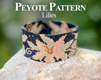 Beaded Bracelets Pattern, Miyuki Delica Bracelet "Lilies", Even-count Peyote Stitch Pattern, Boho Style
