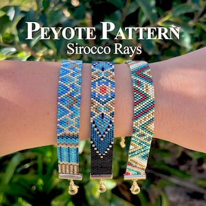 May include: Three beaded bracelets with intricate patterns in shades of blue, gold, red, and turquoise. The bracelets are secured with gold-colored clasps. The text "Peyote Pattern Sirocco Rays" is displayed above the bracelets.