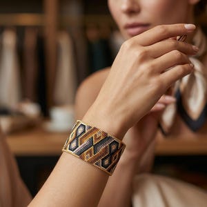 May include: A wide cuff bracelet crafted from small beads in a geometric pattern. The design features repeating diamond and chevron shapes in a color palette of metallic gold, deep black, and soft beige, creating a structured and textured appearance.