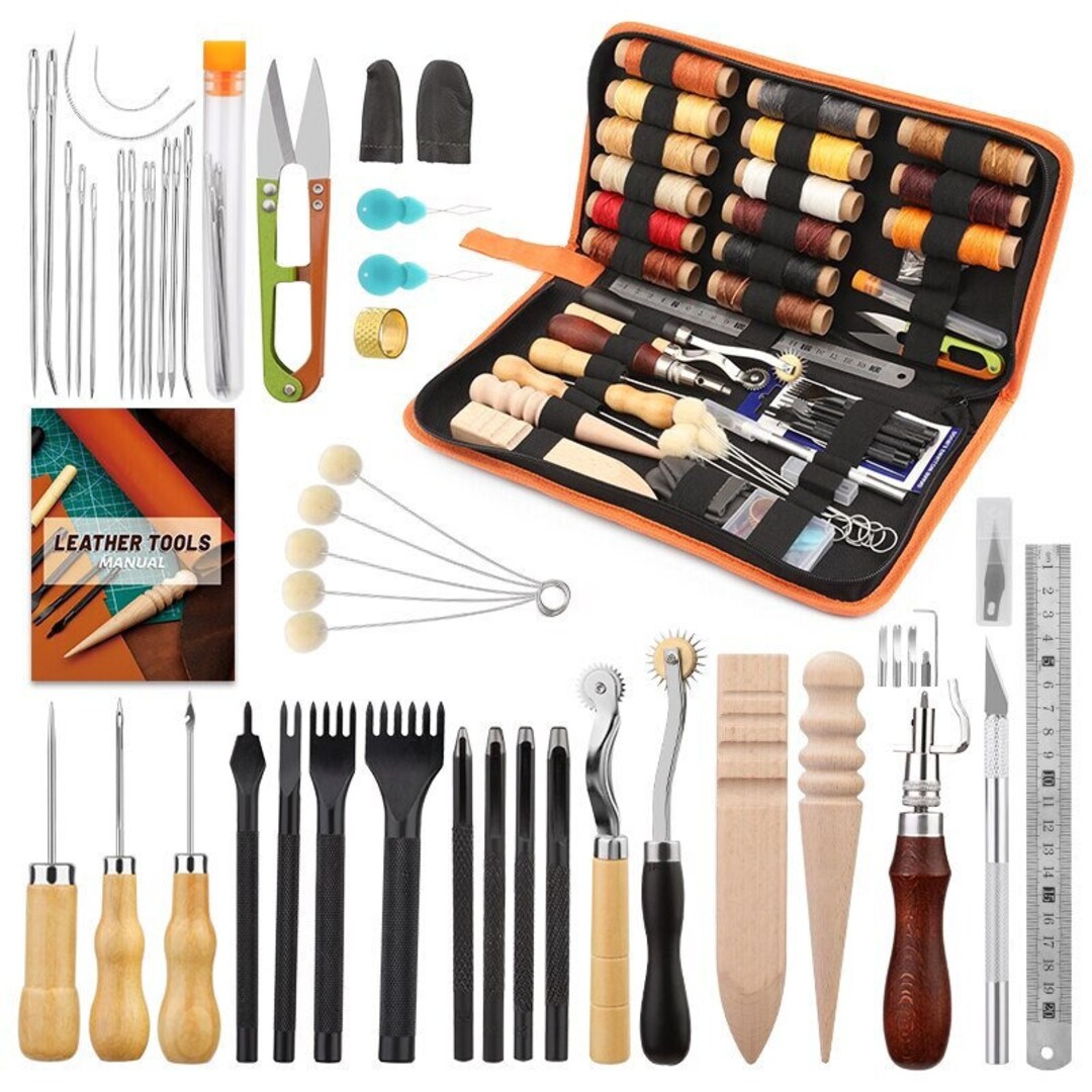 Complete Leather Craft Tool Kit - Beginner Leatherworking Set Including  Sewing Repair Supplies - DIY Leather Sewing Tools - Leatherworking Starter