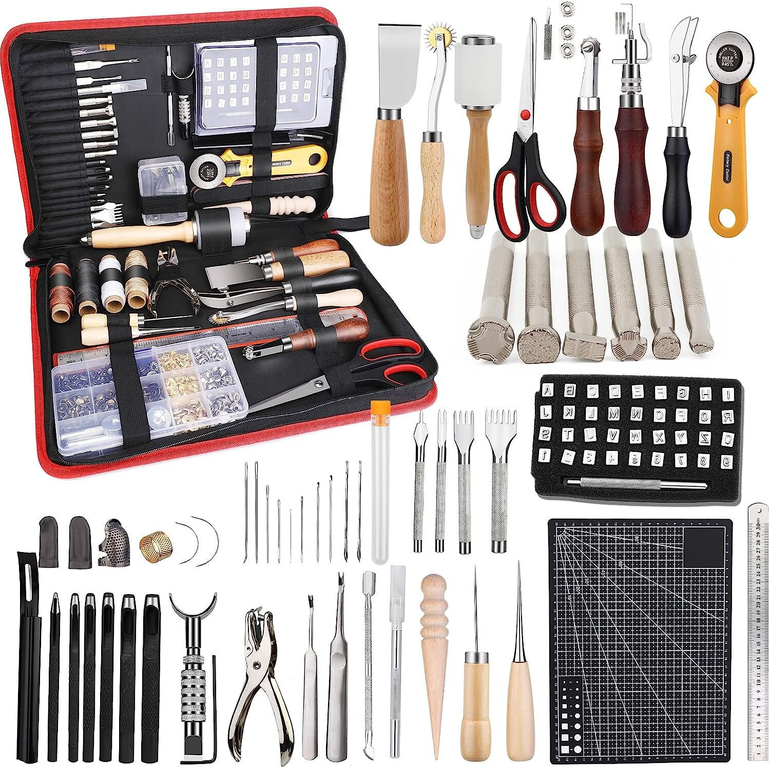 18pcs Leather Craft Kit Set Tool Leather Working Punch Stitching Sewing  Groover Sanding Cutting Pricking Iron DIY suitable for Beginners 