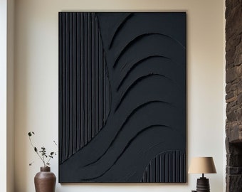 Large Black 3D Texture Painting Black Abstract Line Art Large Minimalist Plaster Painting On Canvas Black Abstract Art Modern Wall Decor