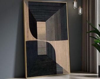 Pittura astratta minimalista beige nera su tela Wabi Sabi Wall Art Grande pittura murale con texture beige nera Decorazione murale geometrica astratta