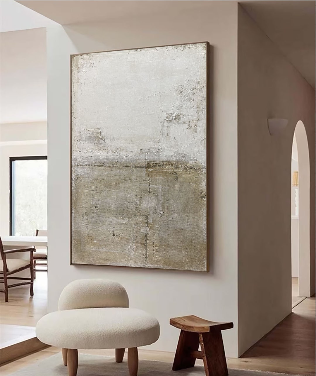 Large Abstract Painting White Grey Wall Art Beige Minimalist Art